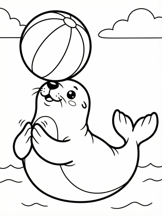Free printable coloring page showing a kawaii seal balancing a beach ball, perfect for kids to practice fine motor skills and creativity
