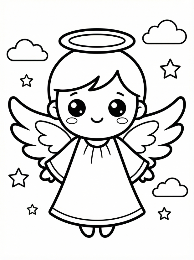 Free printable coloring page showing a kawaii angel with wings and halo, perfect for kids to practice fine motor skills and creativity