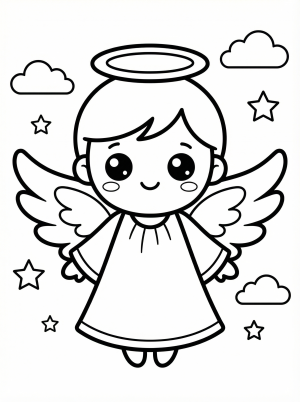Free printable coloring page showing a kawaii angel with wings and halo, perfect for kids to practice fine motor skills and creativity