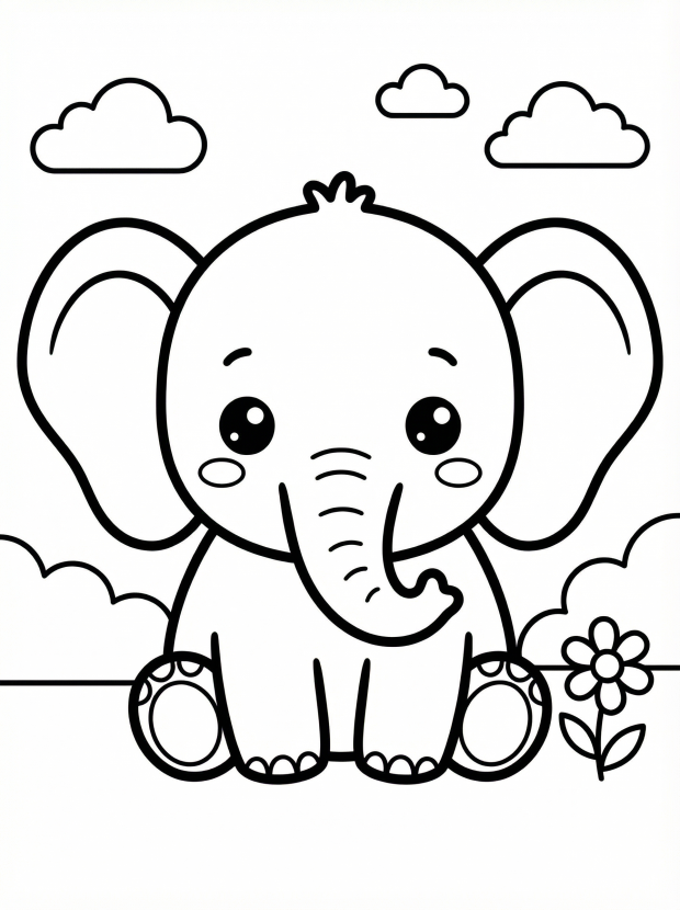 Free printable coloring page showing a kawaii baby elephant with a flower, perfect for kids to practice color recognition and hand control
