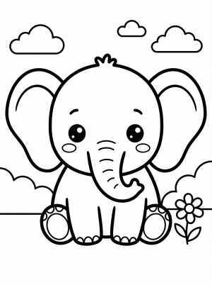 Free printable coloring page showing a kawaii baby elephant with a flower, perfect for kids to practice color recognition and hand control