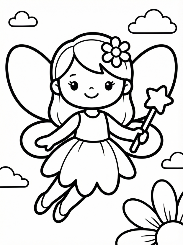 Free printable coloring page showing a kawaii fairy with wings and a wand, perfect for kids to practice coloring and creativity
