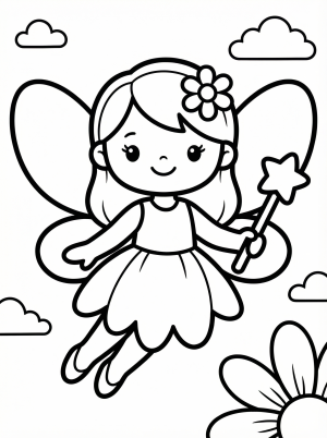Free printable coloring page showing a kawaii fairy with wings and a wand, perfect for kids to practice coloring and creativity