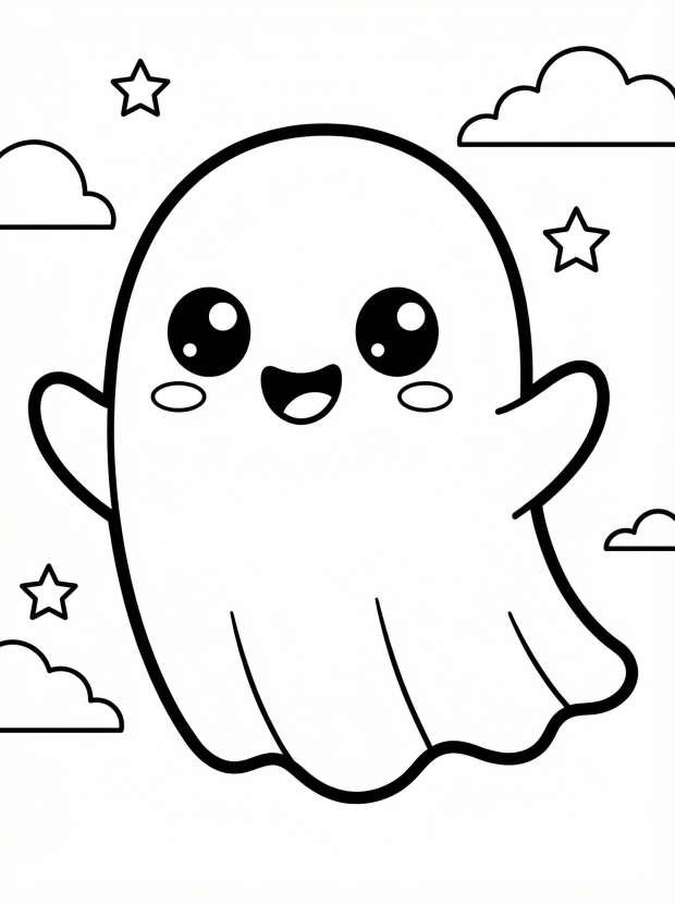 Free printable coloring page showing a smiling kawaii ghost with stars and clouds, perfect for kids to practice coloring and creativity