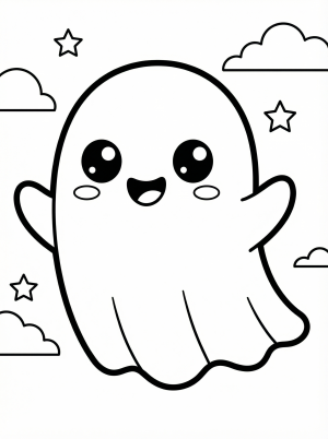 Free printable coloring page showing a smiling kawaii ghost with stars and clouds, perfect for kids to practice coloring and creativity