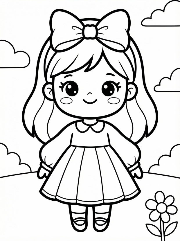 Free printable coloring page showing a kawaii girl with bow and dress, perfect for kids to practice coloring and creativity