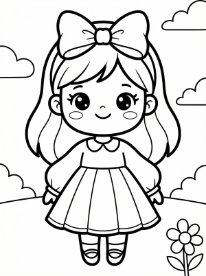 Free printable coloring page showing a kawaii girl with bow and dress, perfect for kids to practice coloring and creativity