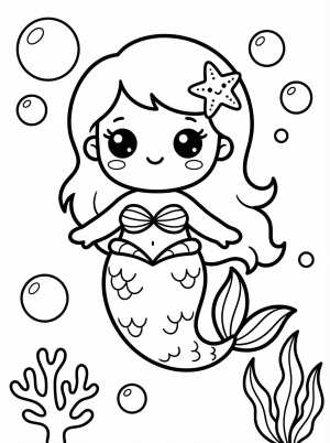 Free printable coloring page showing a kawaii mermaid with bubbles and sea plants, perfect for kids to practice coloring and creativity