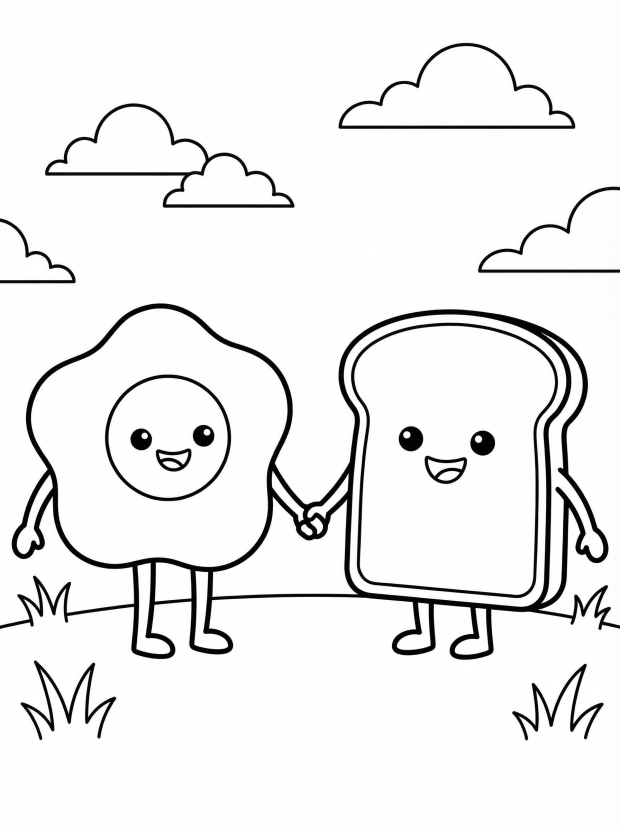 Free printable coloring page showing kawaii toast and egg holding hands, perfect for kids to practice coloring and fine motor skills