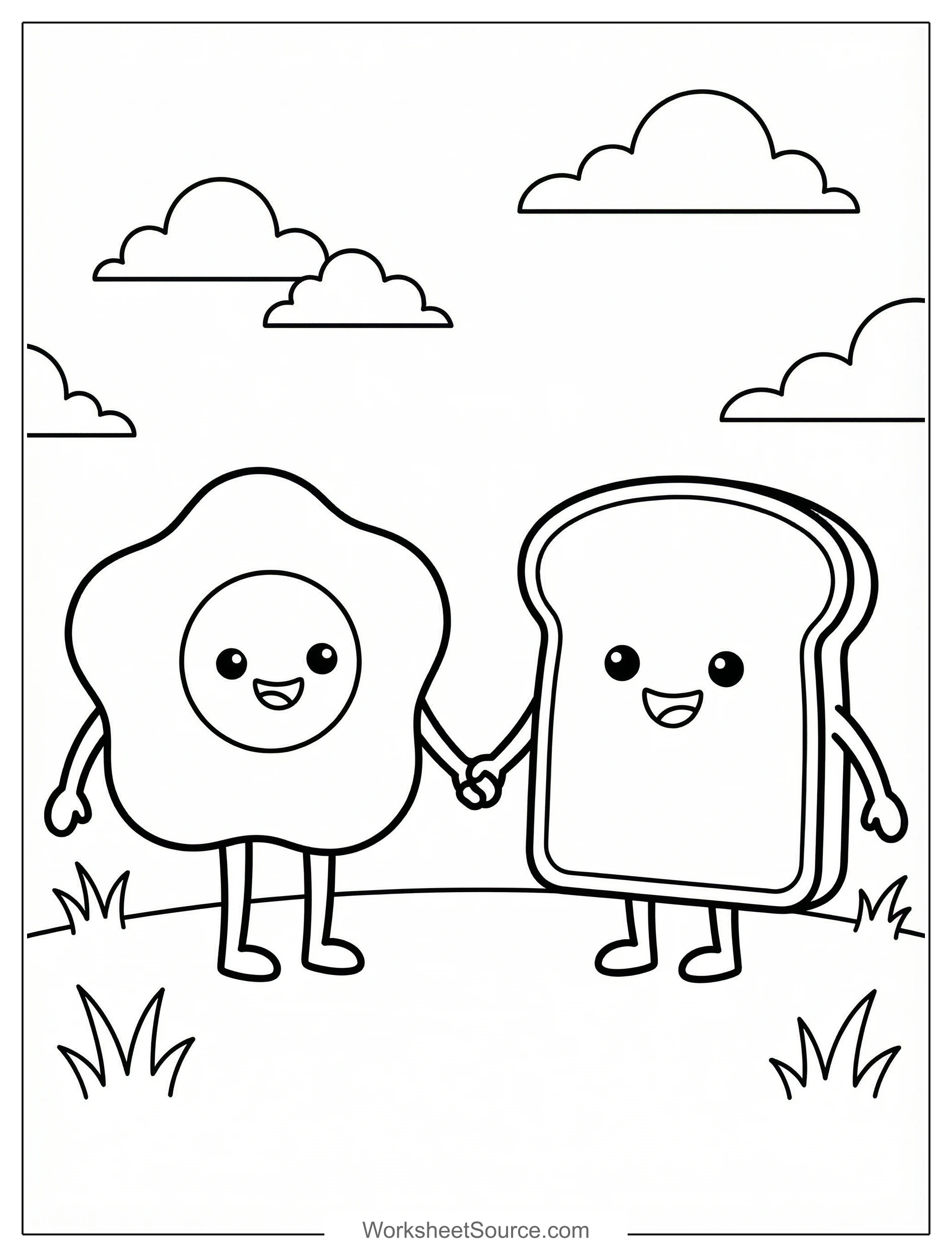 Free printable coloring page showing kawaii toast and egg holding hands, perfect for kids to practice coloring and fine motor skills
