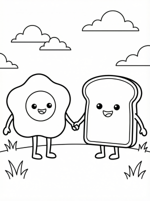 Free printable coloring page showing kawaii toast and egg holding hands, perfect for kids to practice coloring and fine motor skills