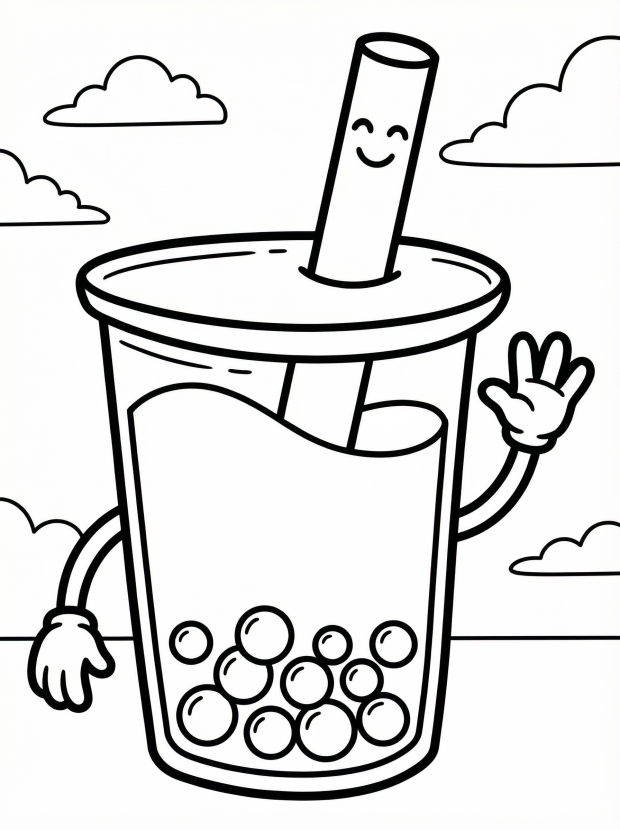 Free printable coloring page showing a smiling kawaii bubble tea cup with tapioca pearls, perfect for kids to practice coloring and fine motor skills