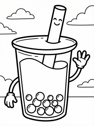 Free printable coloring page showing a smiling kawaii bubble tea cup with tapioca pearls, perfect for kids to practice coloring and fine motor skills