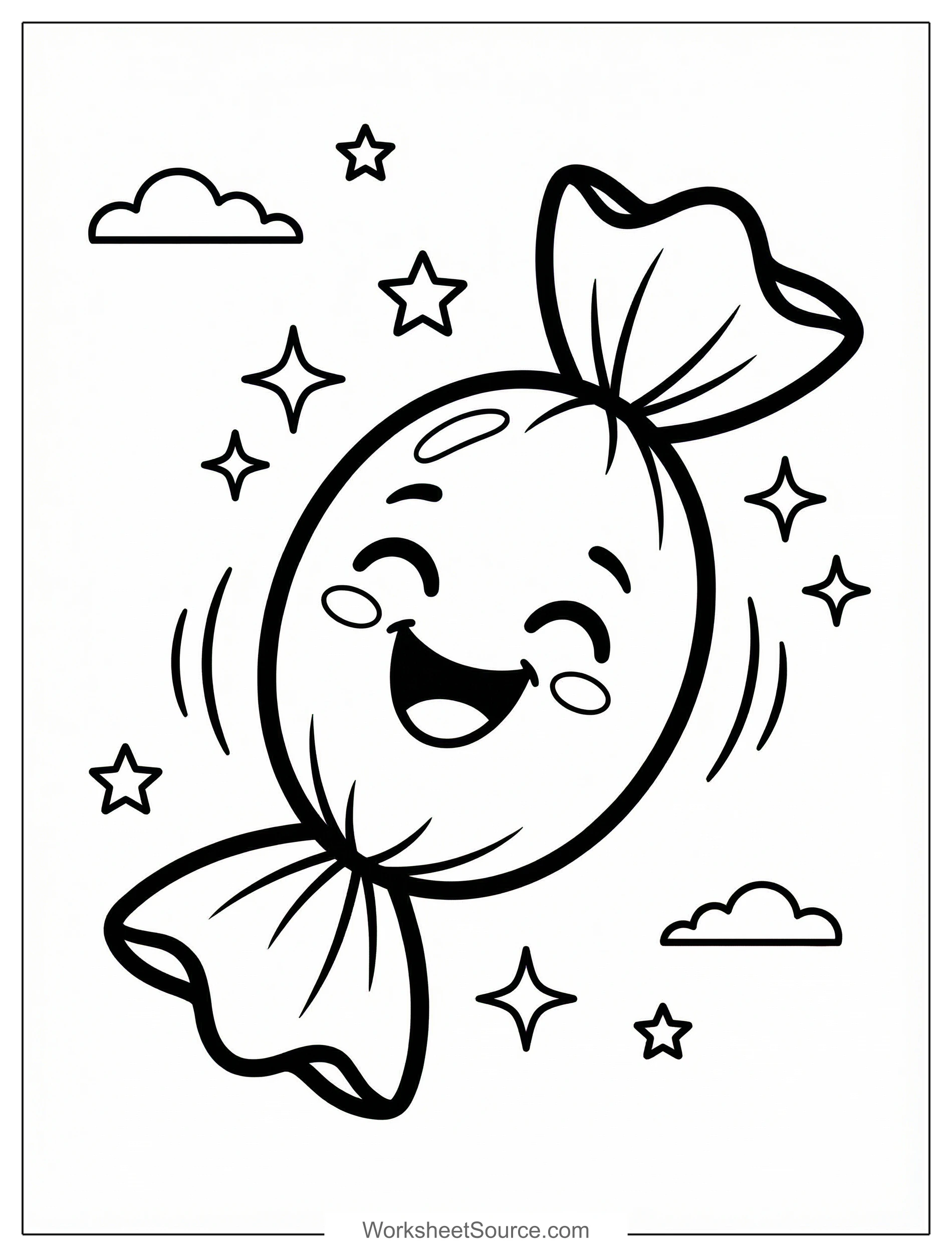 Free printable coloring page showing a smiling kawaii candy with stars and clouds, perfect for kids to practice coloring and creativity