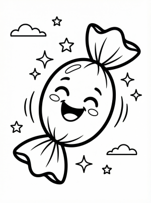 Free printable coloring page showing a smiling kawaii candy with stars and clouds, perfect for kids to practice coloring and creativity