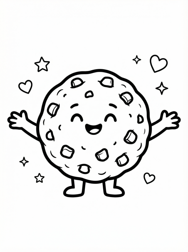 Free printable coloring page showing a smiling kawaii cookie with sprinkles and hearts, perfect for kids to practice creativity and fine motor skills