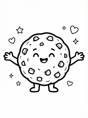 Free printable coloring page showing a smiling kawaii cookie with sprinkles and hearts, perfect for kids to practice creativity and fine motor skills