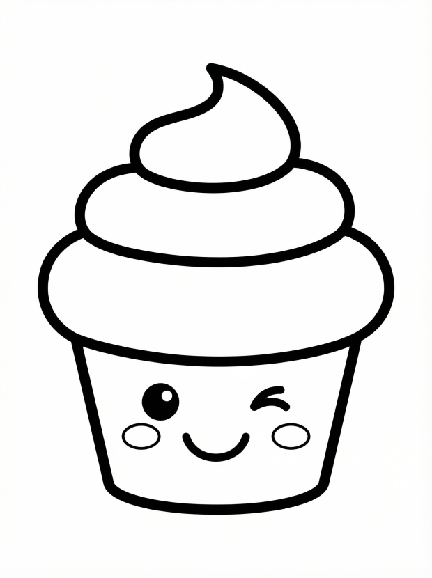 Free printable coloring page showing a smiling kawaii cupcake with swirled frosting, perfect for kids to practice coloring and fine motor skills