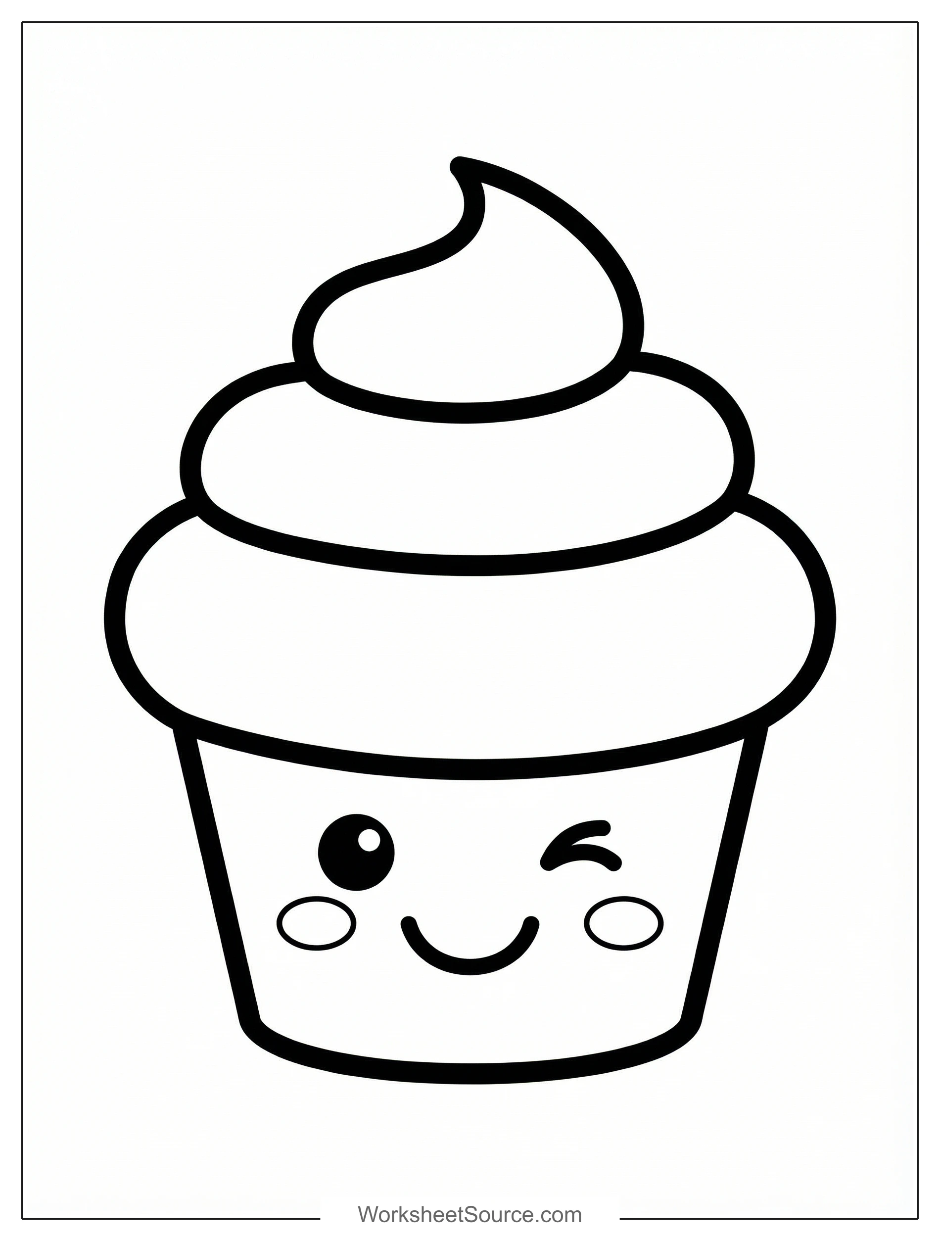 Free printable coloring page showing a smiling kawaii cupcake with swirled frosting, perfect for kids to practice coloring and fine motor skills