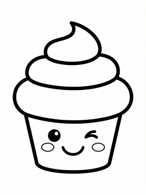 Free printable coloring page showing a smiling kawaii cupcake with swirled frosting, perfect for kids to practice coloring and fine motor skills