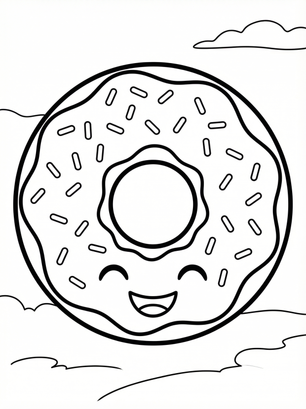 Free printable coloring page showing a smiling kawaii donut with sprinkles, perfect for kids to practice coloring and creativity