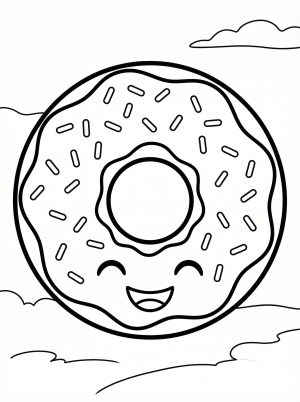 Free printable coloring page showing a smiling kawaii donut with sprinkles, perfect for kids to practice coloring and creativity