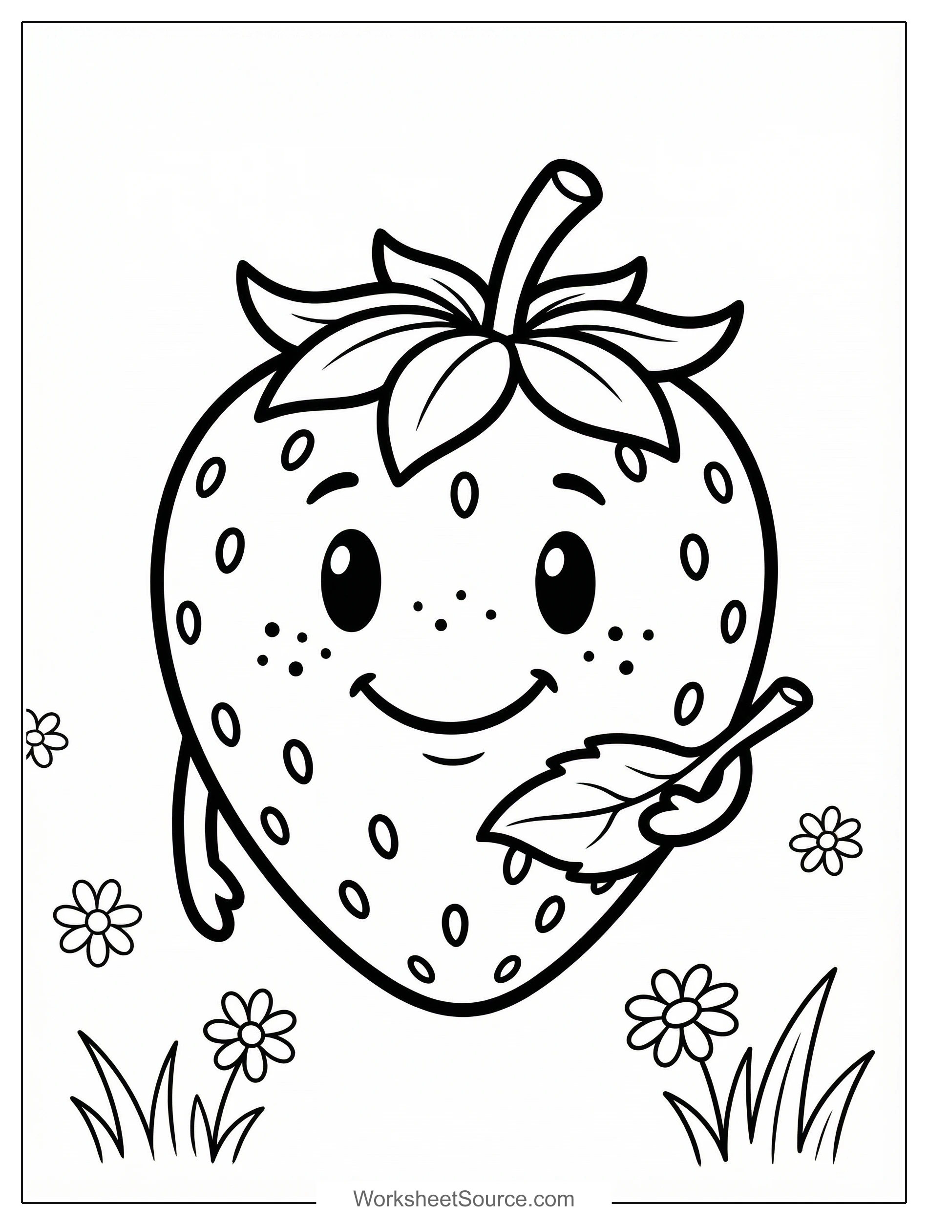 Free printable coloring page showing a smiling kawaii strawberry holding a leaf, perfect for kids to practice creativity and fine motor skills