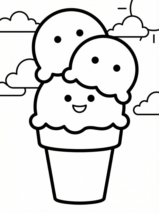 Free printable coloring page showing a kawaii ice cream cone with three smiling scoops, perfect for kids to practice coloring and creativity