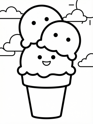 Free printable coloring page showing a kawaii ice cream cone with three smiling scoops, perfect for kids to practice coloring and creativity