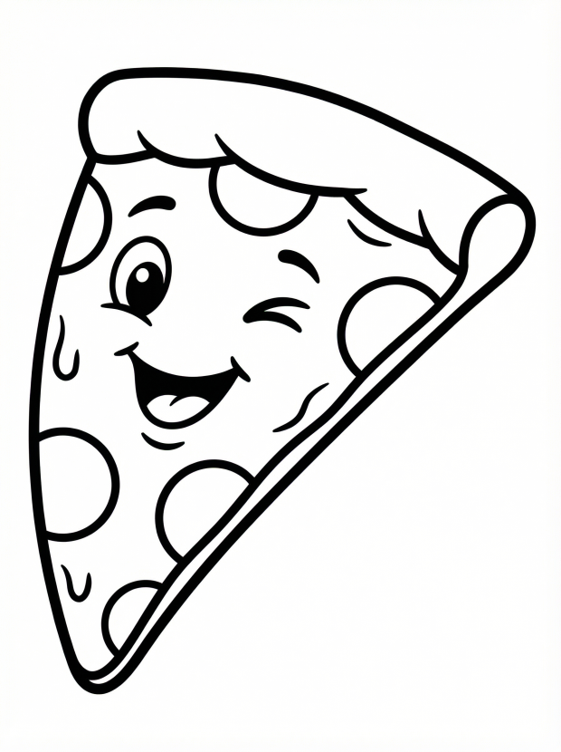 Free printable coloring page showing a smiling kawaii pizza slice with pepperoni, perfect for kids to practice coloring and creativity