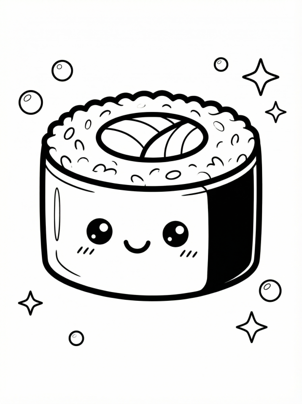 Free printable coloring page showing a cute kawaii sushi roll smiling, perfect for kids to practice creativity and fine motor skills