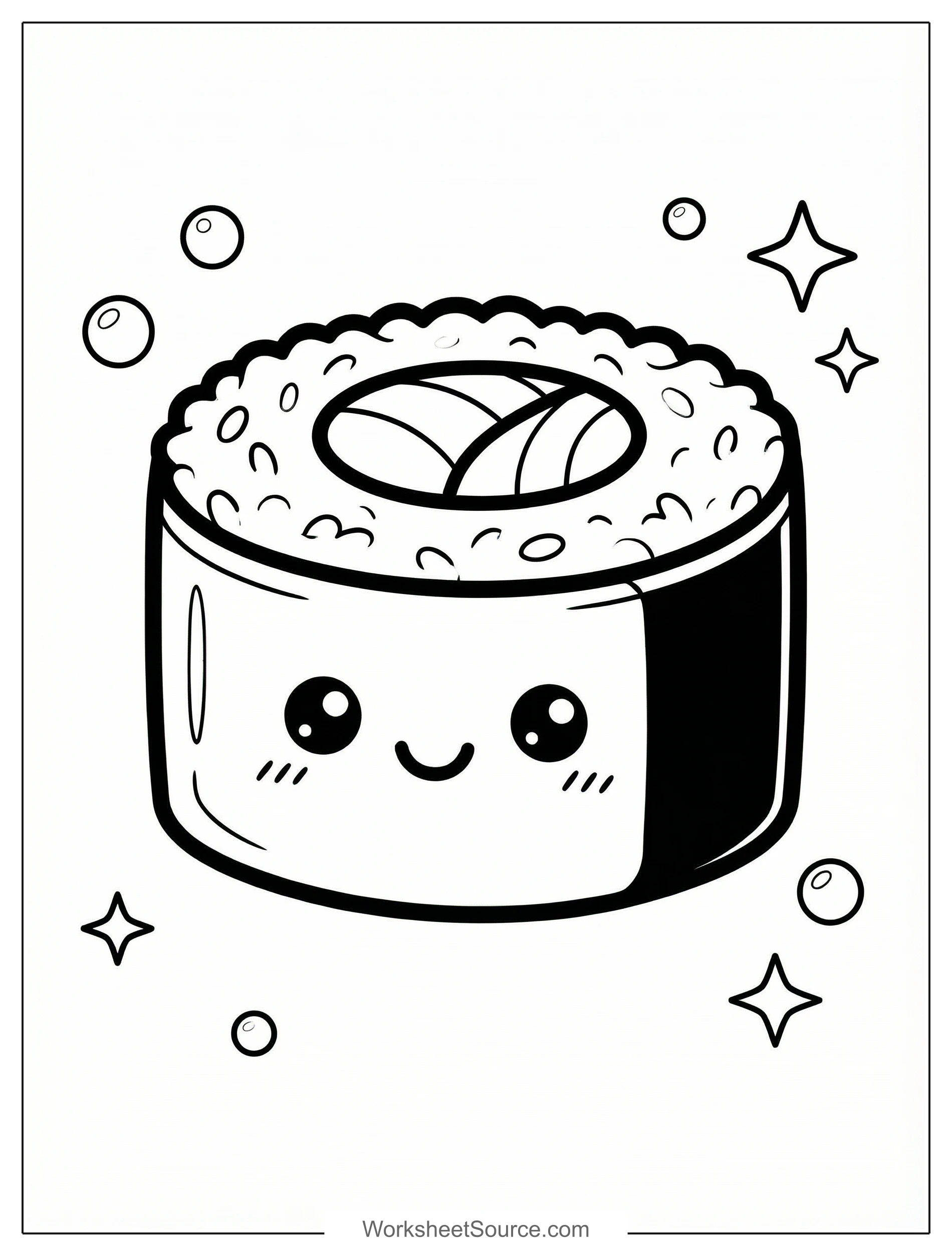 Free printable coloring page showing a cute kawaii sushi roll smiling, perfect for kids to practice creativity and fine motor skills