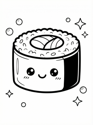 Free printable coloring page showing a cute kawaii sushi roll smiling, perfect for kids to practice creativity and fine motor skills