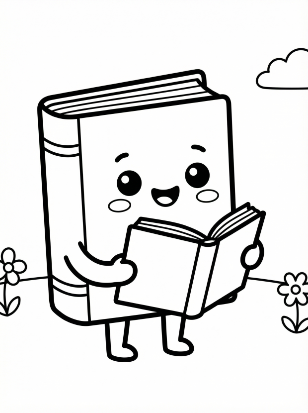 Free printable coloring page showing a kawaii smiling book holding another book, perfect for kids to practice creativity and fine motor skills.