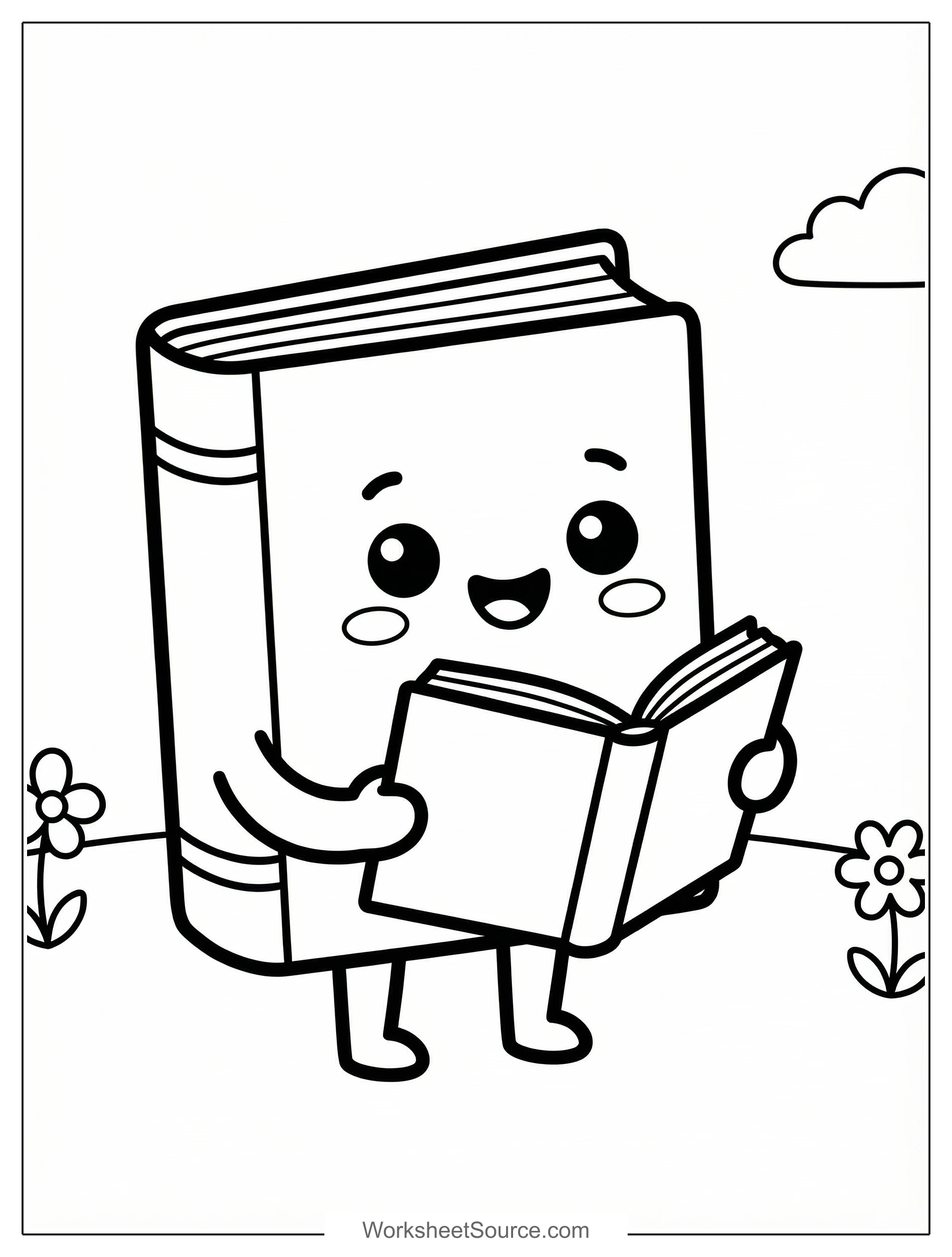 Free printable coloring page showing a kawaii smiling book holding another book, perfect for kids to practice creativity and fine motor skills.