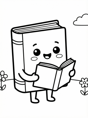 Free printable coloring page showing a kawaii smiling book holding another book, perfect for kids to practice creativity and fine motor skills.