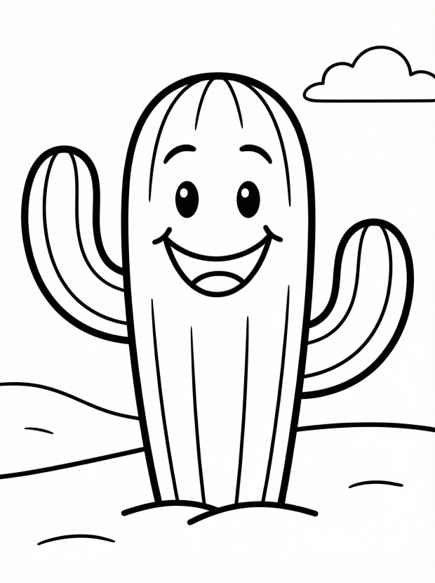 Free printable coloring page showing a smiling kawaii cactus, perfect for kids to practice creativity and fine motor skills