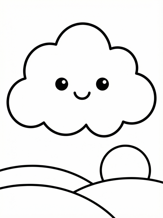 Free printable coloring page showing a smiling kawaii cloud over hills, perfect for kids to practice creativity and color recognition