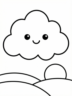 Free printable coloring page showing a smiling kawaii cloud over hills, perfect for kids to practice creativity and color recognition