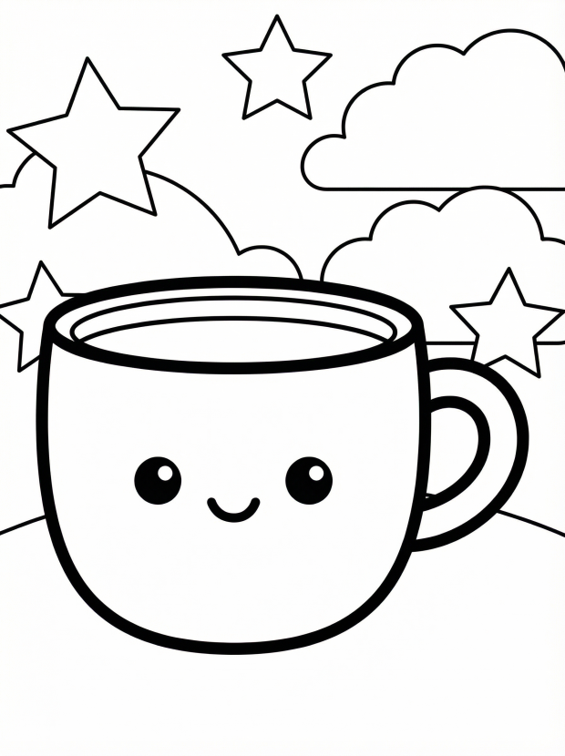 Free printable coloring page showing a smiling kawaii coffee cup with stars and clouds, perfect for kids to practice color and creativity
