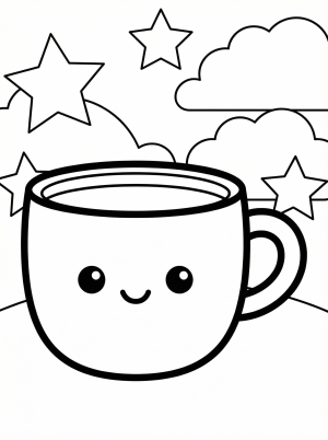 Free printable coloring page showing a smiling kawaii coffee cup with stars and clouds, perfect for kids to practice color and creativity