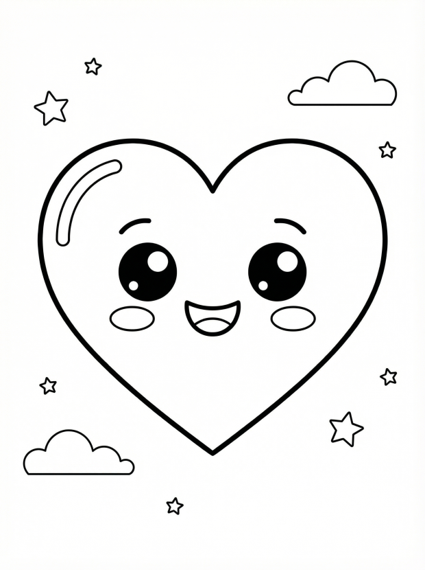 Free printable coloring page showing a smiling kawaii heart with stars and clouds, perfect for kids to practice creativity and fine motor skills