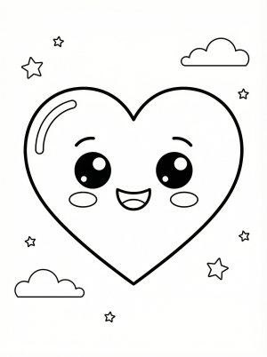 Free printable coloring page showing a smiling kawaii heart with stars and clouds, perfect for kids to practice creativity and fine motor skills