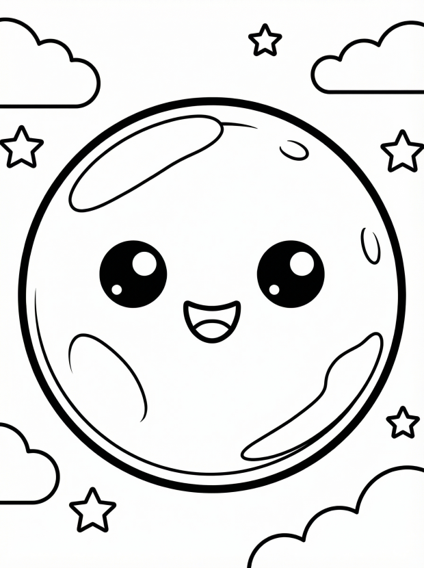 Free printable coloring page showing a cute kawaii moon with stars and clouds, perfect for kids to practice creativity and fine motor skills