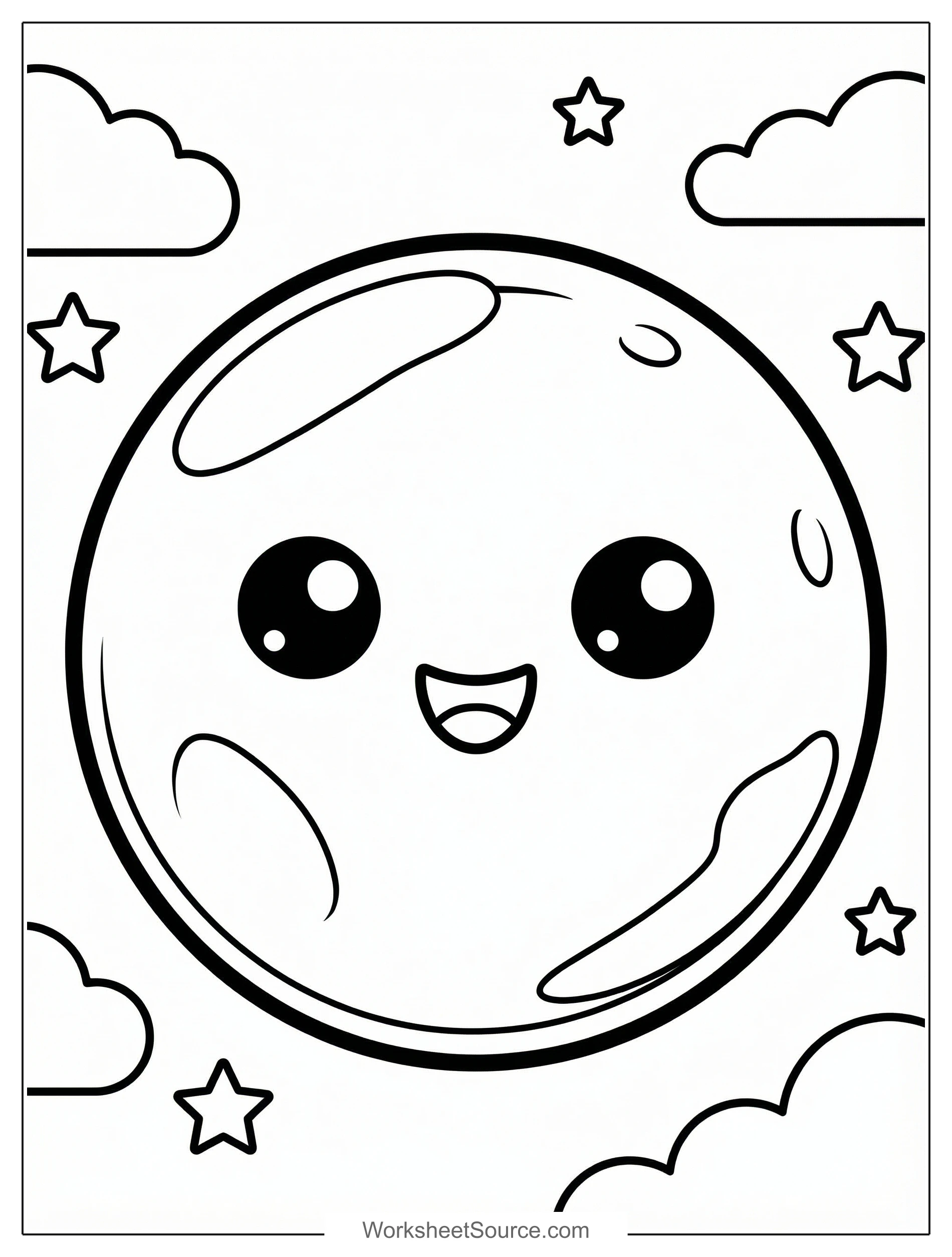 Free printable coloring page showing a cute kawaii moon with stars and clouds, perfect for kids to practice creativity and fine motor skills