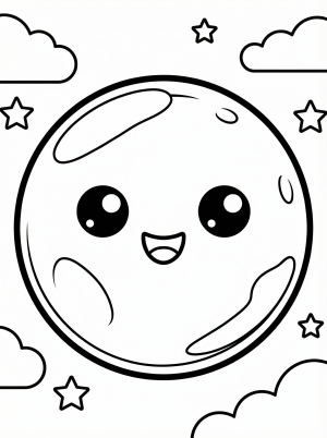 Free printable coloring page showing a cute kawaii moon with stars and clouds, perfect for kids to practice creativity and fine motor skills