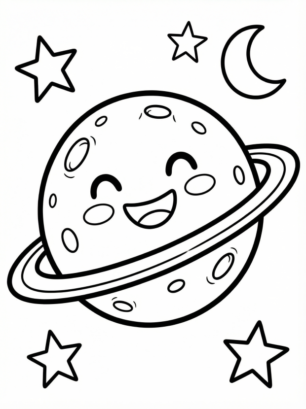 Free printable coloring page showing a smiling kawaii planet with rings and stars, perfect for kids to practice creativity and fine motor skills