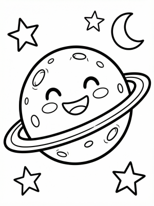 Free printable coloring page showing a smiling kawaii planet with rings and stars, perfect for kids to practice creativity and fine motor skills