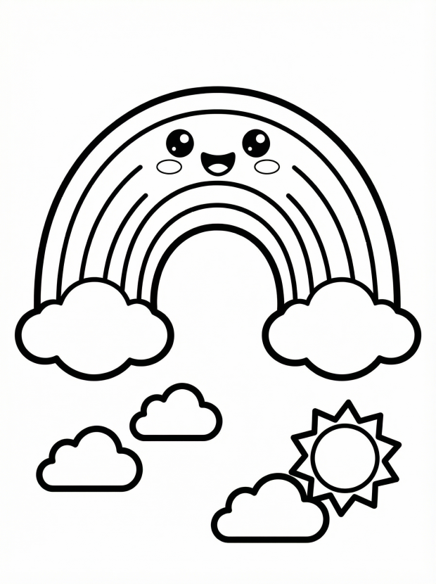 Free printable coloring page showing a smiling kawaii rainbow with clouds and sun, perfect for kids to practice color recognition and fine motor skills