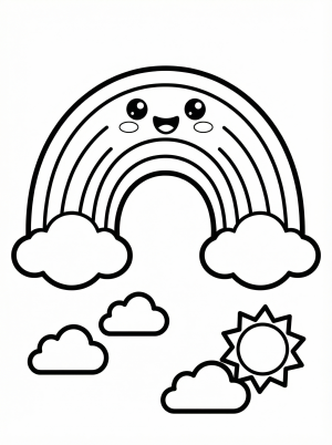 Free printable coloring page showing a smiling kawaii rainbow with clouds and sun, perfect for kids to practice color recognition and fine motor skills
